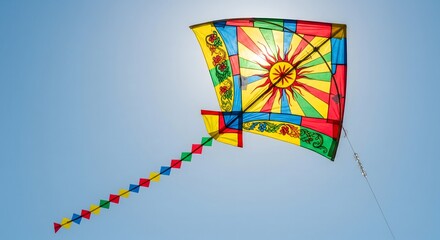 Colorful Festival Kite Flying High in Blue Sky with Decorative Tail