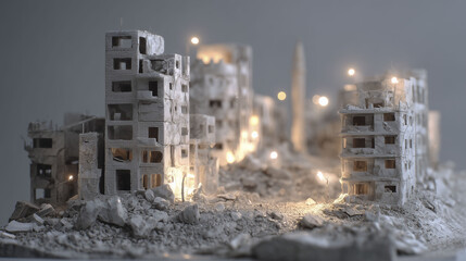 A model of a ruined cityscape features partially collapsed buildings made of paper or similar materials. Some structures are illuminated with small lights, creating a somber yet intriguing scene of