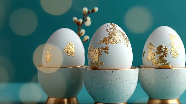 Elegant white Easter eggs with gold leaf decoration in speckled cups with pussy willow branch and bokeh lights on teal background