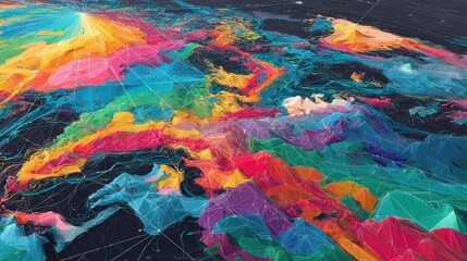 Surreal global market ecosystem with data rivers and geometric continents, psychedelic style, vibrant colors, digital painting, macroeconomic flow