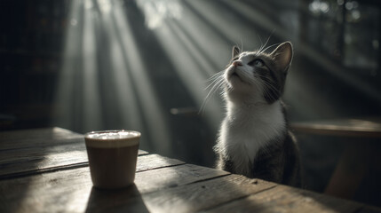 A cat looks upwards in a softly lit setting, with beams of light filtering through the surroundings. A cup of coffee sits on a wooden table, adding to the tranquil ambiance of the scene