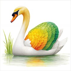White Swan with Rainbow Egg on Calm Water