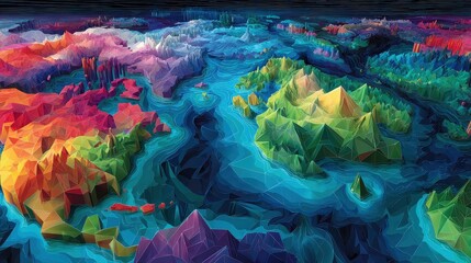 Surreal global market ecosystem with data rivers and geometric continents, psychedelic style, vibrant colors, digital painting, macroeconomic flow