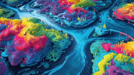 Surreal global market ecosystem with data rivers and geometric continents, psychedelic style, vibrant colors, digital painting, macroeconomic flow