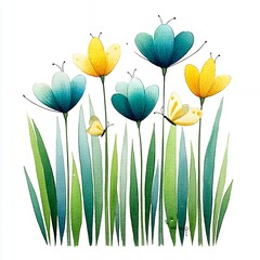 Yellow and Teal Watercolor Flowers with Butterflies