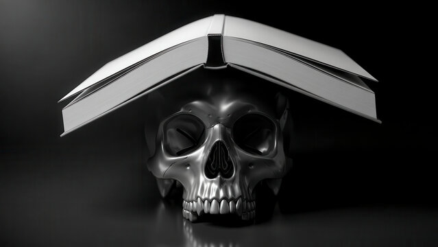 Shiny skull under open book on dark background