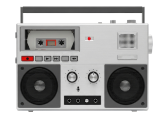 Vintage Cassette Player with Dual Speakers for Music Isolated on Transparent PNG Background.