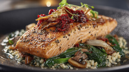 Grilled salmon is plated on a bed of creamy risotto mixed with saut&eacute;ed spinach and mushrooms. Topped with sun-dried tomatoes and herbs, this dish is designed for a balanced meal presentation.