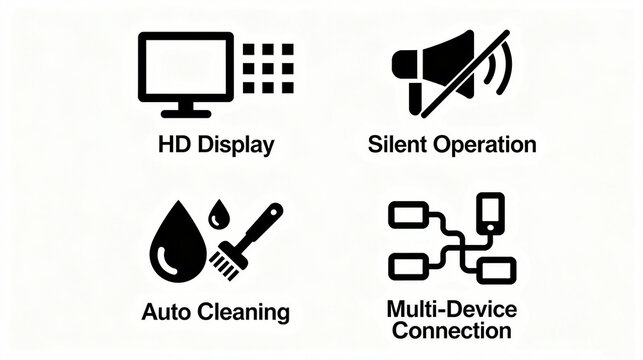 Elements such as high-definition display and silent operation represent electrical appliance functions like automatic cleaning and multi-device connectivity, suitable for home appliance materials.
