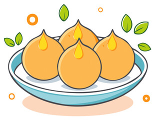 Cartoon illustration of traditional Indian sweets or Diya lamps on a plate for a festive celebration