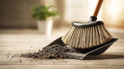 Close up view captures dirt being swept into a dustpan on a wooden floor
