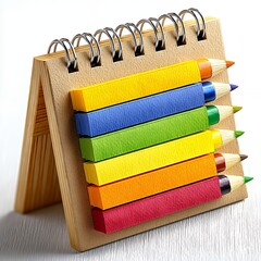 Colorful Pencils in Wooden Notepad on White Background