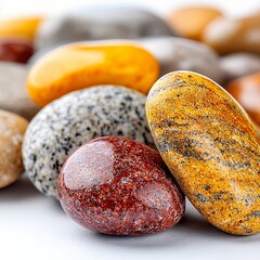 Colorful Polished Stones on White Background
