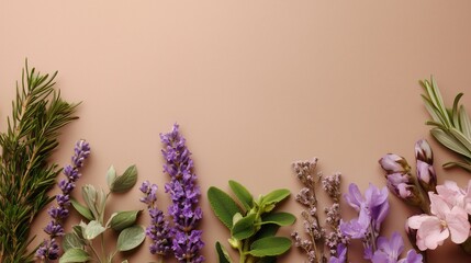 Enhance mindfulness and wellbeing with a calming flat lay of natural lavender, rosemary, and sage herbs for serene background design.