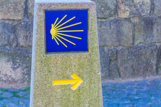 Camino de Santiago (Way of St. James) pilgrimage sign marking the way to Santiago de Compostela, Spain