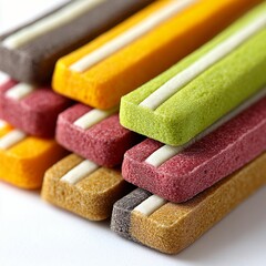Colorful Rectangular Biscuits with White Stripes on White Background