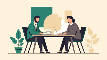professional interview setting with two colleagues engaged in discussion at a modern office table