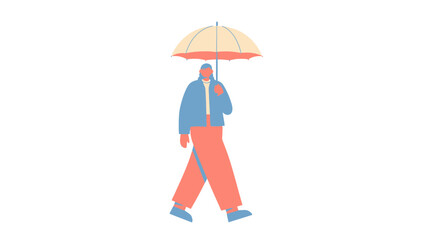 Minimalist Illustration of a Person Walking with an Umbrella in Rainy Weather