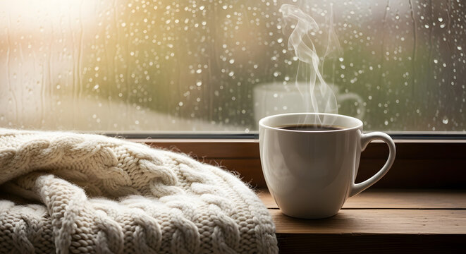 Steaming coffee mug and warm cable knit blanket on a rainy windo