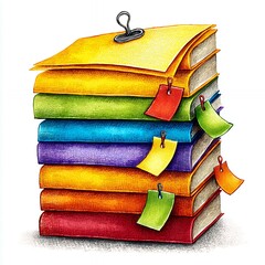 Colorful Stack of Books and Documents with Sticky Notes