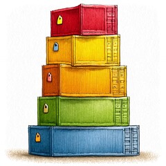Colorful Stack of Shipping Containers Hand Drawn Illustration