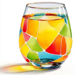 Colorful Stained Glass Pattern on a Stemmed Glass Watercolor Painting