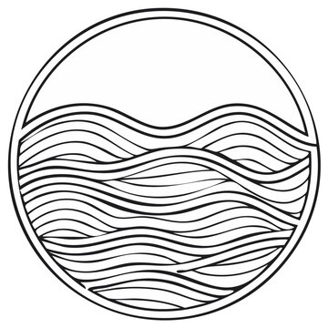 Stylized ocean waves inside a minimalist circular line art illustration