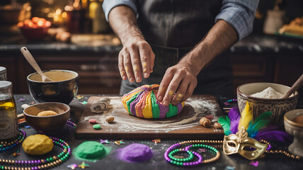 AI-generated Mardi Gras dessert preparation with colorful king cake and festive beads, vibrant carnival baking scene, traditional holiday sweets and joyful celebration concept