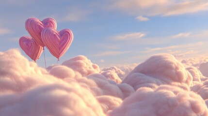 Three pink heart shaped balloons float above voluminous pink clouds against a light blue sky