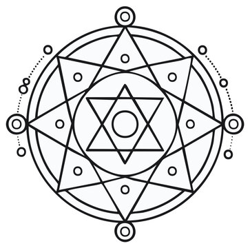 Mystical magic circle with hexagram and octagram sacred geometry symbol