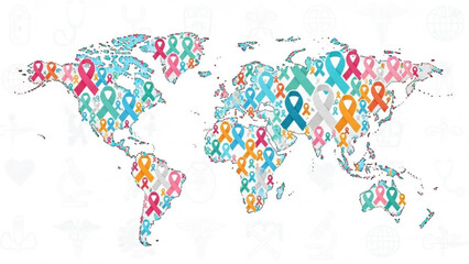 Obraz premium A colorful illustration of a world map covered with multicolored awareness ribbons symbolizing global health and support with health with cause