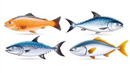 Fototapeta premium Fresh Variety of Realistic Fish Types Set Isolated on White Background - Salmon, Tuna, Cod