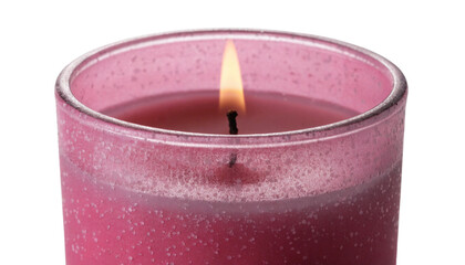 Candle flame burning in pink glass jar isolated on transparent background