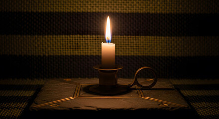 White candle burning brightly in a metal candlestick holder on a