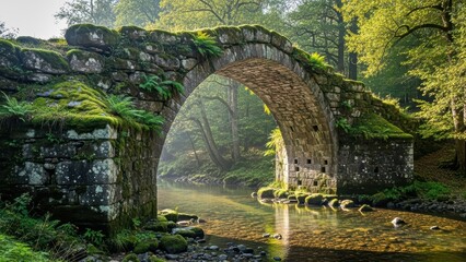 Mossy stone bridge over serene river in lush forest with sunlit trees