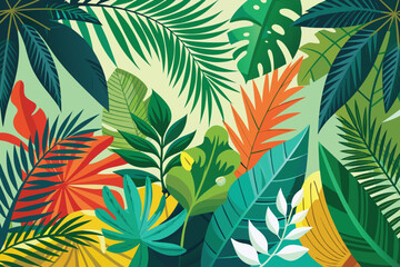 Vibrant Tropical Jungle Foliage with Diverse Leaf Shapes.