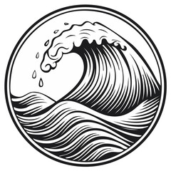 Stylized ocean wave with splashing water in a round frame classic black and white illustration