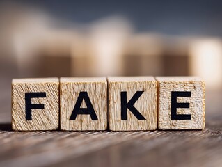 木製ブロックにFAKEの文字が並び情報の真偽やフェイクニュースへの注意を示すコンセプトイメージ