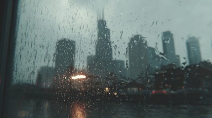 Rainy day obscures view of tall building silhouettes against an overcast sky