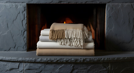 Stack of folded blankets with fringe resting on a dark slate fir