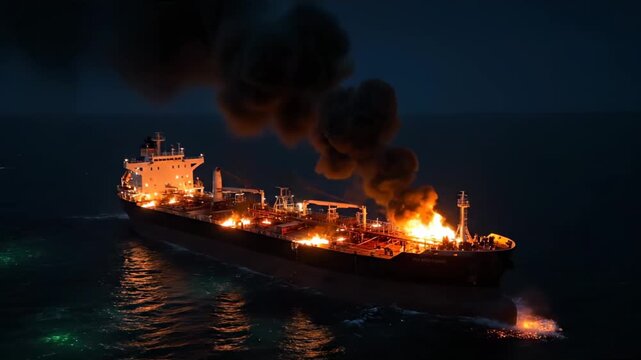 Oil tanker burns at night with fire spreading across deck on ocean surface. Cargo ship releases flames during disaster. Tanker fire creates smoke at night. Burning vessel on ocean water at night.