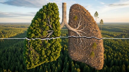Healthy lung with lush forest and damaged lung with deforestation