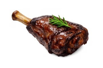 Roasted lamb shank with a rich brown glaze, garnished with fresh rosemary, ready for a gourmet meal. Transparent background