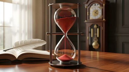 Classic hourglass with red sand flowing on a wooden desk next to an open book and quill pen, representing the passage of time and history