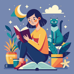 Fototapeta premium Young woman reading a book with a cat nearby.