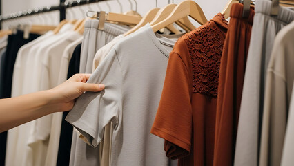 Woman's hand feeling the fabric of a gray t-shirt while shopping for new clothes in a fashion boutique with autumn colors