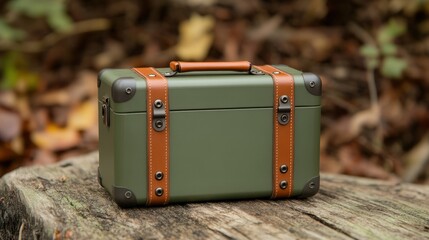 Olive green vintage suitcase with brown leather straps sits on a weathered wooden surface outdoors, surrounded by blurred autumn leaves.