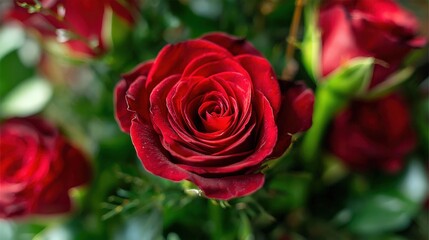Deep crimson flower blooms prominently in a floral arrangement against soft background greenery