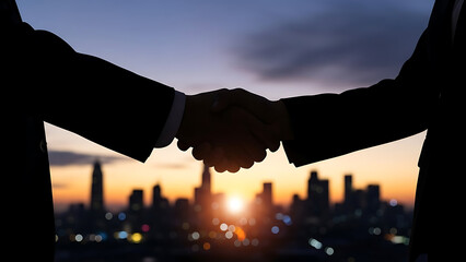 Handshake over cityscape at sunset isolated on white background