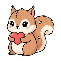 Fototapeta premium Adorable cartoon squirrel holding a red heart isolated on transparent background